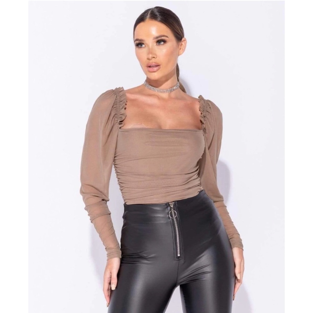 Mocha Sheer Puff Sleeve Ruching Detail Bodysuit